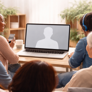 Diverse group of people attending an online community workshop on a laptop, engaging with a speaker on screen in a warm and collaborative environment, showing connection, empathy, and digital learning